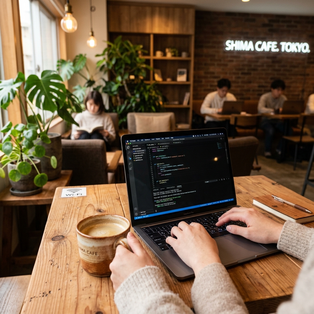 Tokyo quiet study cafe with Wi-Fi power outlets and workspace cedar desk