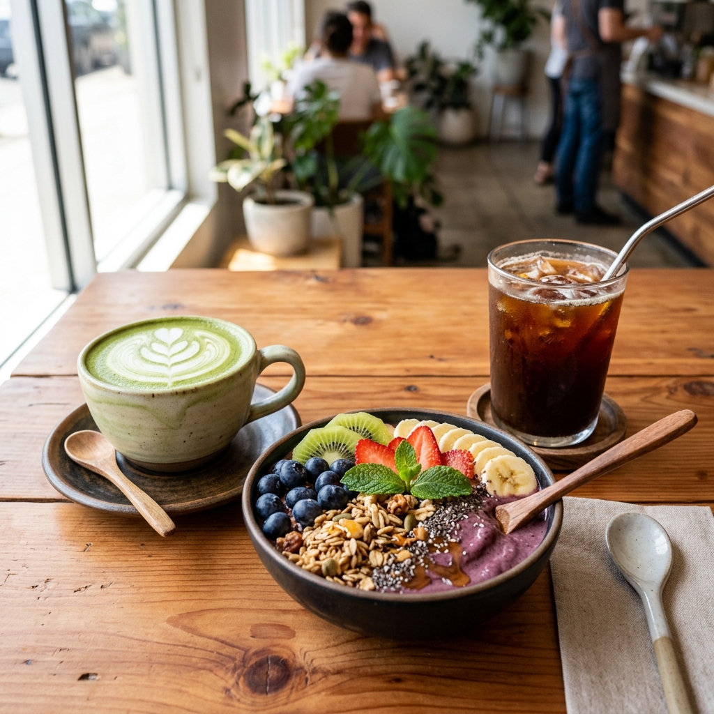 Aesthetic ceremonial matcha latte, iced specialty coffee, and healthy organic acai bowl Tokyo